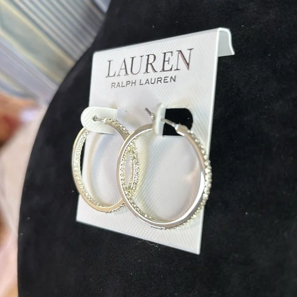 NWT Ralph Lauren Silver Tone Crystal Hoop Earrings - Picture 4 of 6